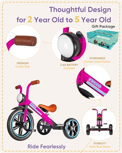 Image of KRIDDO Kids Tricycle, 12 Inch Puncture Free Rubber Wheel w Front Light, Adjustable Seat Height, Gift for 2-5 Year Olds, Pink