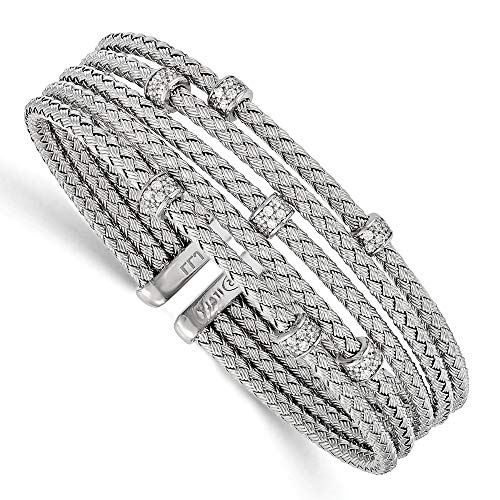 925 Sterling Silver Polished Rhodium Plated Cz Cubic Zirconia Simulated Diamond Woven Flexible Cuff Stackable Bangle Bracelet Jewelry Gifts For Women #TOP7