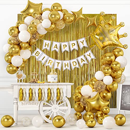 RUBFAC Gold Birthday Party Decorations Set Gold Birthday Banner Background Confetti Balloons and Tri-color Tassel Garland for Boys Girls Men Women Party