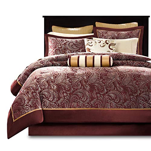 Madison Park Aubrey Cozy Comforter Set, Faux Silk Jacquard Paisley Design - All Season Down Alternative Bedding Layer With Bedskirt, Decorative Pillow, Queen, Red 12 Piece #TOP7