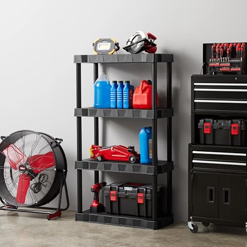 POMILER Heavy Duty 4-Tier Storage Shelving Unit, Black Plastic, 30 Inch Wide x 56.2 Inch High, 280 lb Capacity, Tool-Free Assembly, for Garage, Basement, Utility Room