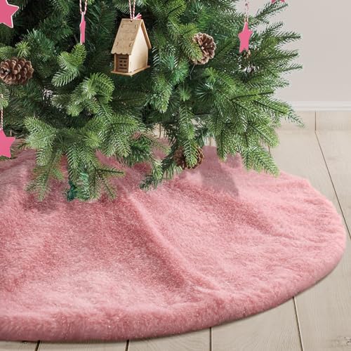 Atiming Pink Plush Christmas Tree Skirt 30 Inches Faux Fur Xmas Tree Skirt Base Cover Mat with Shiny Streamers for Christmas Tree Holiday Home Party Decorations - 78cm