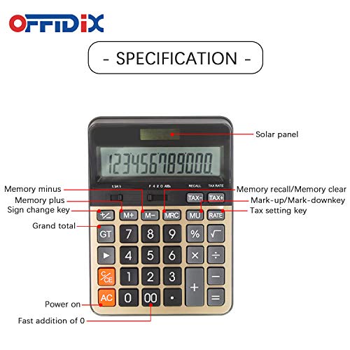 OFFIDIX Office Desktop Calculator, Large Key Calculators, Solar and Battery Dual Power Electronic Calculator Portable 12 Digit Large LCD Display Calculator - Image 4