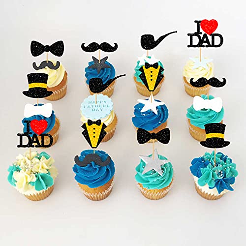 36Pcs Black Glitter Cute I Love Dad Cupcake Toppers, Bow-Tie, Mustache, Hat, Neck-Cloth Cake Picks Happy Father's Day Decorations Father's Birthday Party Favors Supplies #TOP6