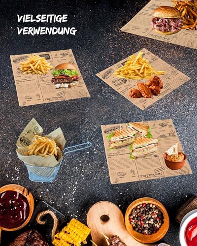 FRITZTOWN Deli Paper Weiß 33x23 cm – 100 Blatt | Unbeschichtetes Einschlagpapier für Burger, Sandwich & BBQ | Fettabweisendes Food Paper | Perfekt für Street Food & Delikatessen