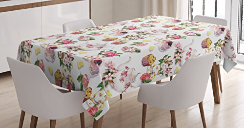 Ambesonne Shabby Flora Tablecloth Roses Shabby Form Design Vintage Teapots Flowers Leaves Cakes Lemon Art Print Dining Room Kitchen Rectangular Table Cover 52 X 70 Green Pink