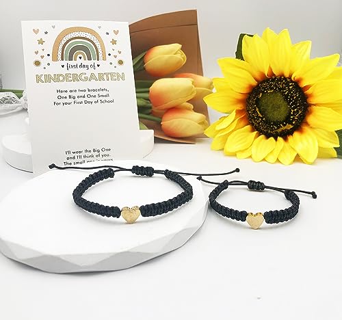 Image of First Day of School Bracelets Matching Heart Bracelets for Mom and Daughter Back to School Bracelets for 2 Braided Adjustable Charm Bracelets Jewellery Present