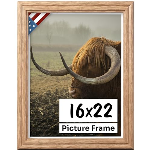 Oak 16x22 Picture Frame .75" Inch Wide - Faux Oak Decor Handmade Solid Wood Frames with Preinstalled Hangers and UV Blocking Plexiglass 22x16 Frame