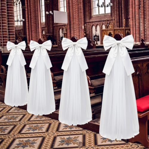 4 Pcs Nœuds Papillon Mariage Décoration Banc Église,Grands Nœuds en satin doux avec pans de tulle pour Chaise Allée Cérémonie,Décoration Blanche...