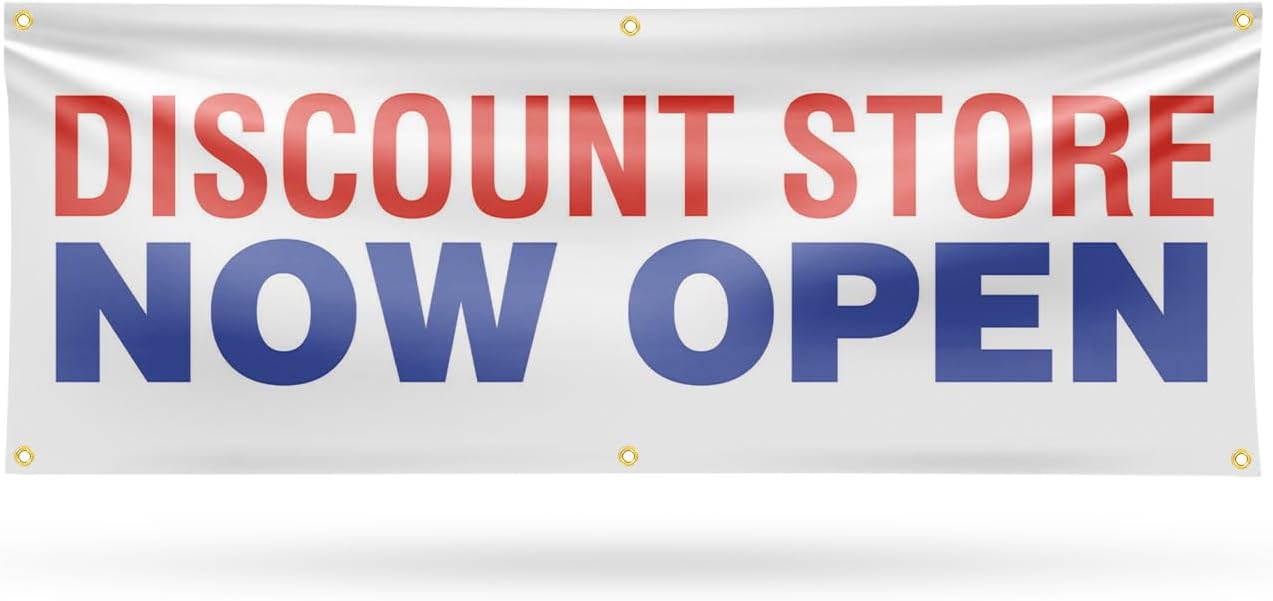 Discount Store Now Open Banner Sign 48 Inch x 96 Inch | 13 oz Vinyl with Metal Grommets | Heavy-Duty Single-Sided Outdoor Durable Printed High-Quality Weatherproof | Made in the USA