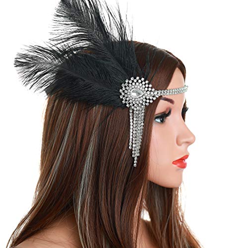 Asooll Black Art Deco 1920's Flapper Feather Headband Gatsby Headpiece with Crystal Wedding Headband Prom Hair Accessories for Women and Girls