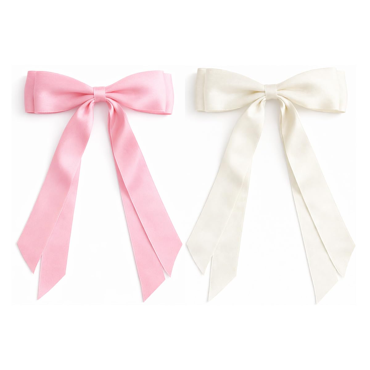 Hair Bows Clips for Women Girls, 2 Pack Satin Bow with Long Tail, Hair Barrettes Accessories for Ponytails - Pink/Beige