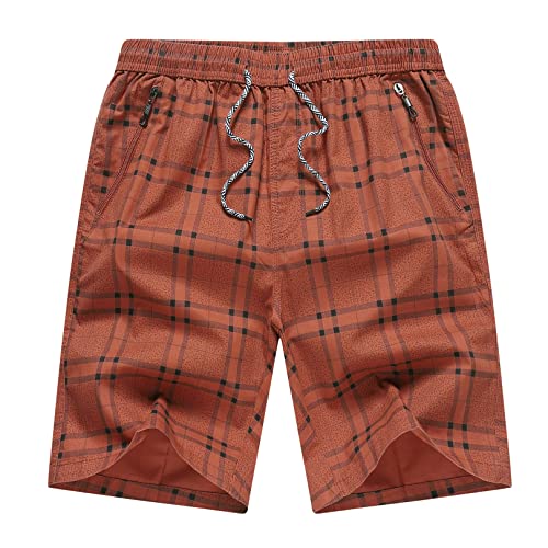 SEAUR Men's Swim Shorts Swimming Trunks Drawstring Boardshorts Cotton Male Bathing Dry Swimsuit Zip Pocket Board Shorts for Summer Beach Red Plaid 3XL