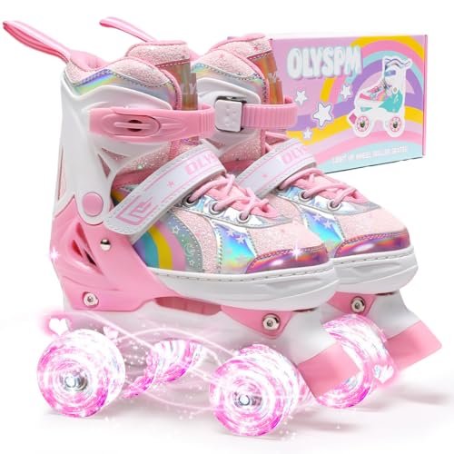 OLYSPM Patines 4 Ruedas niña niños 4 Tamaño Ajustable Ruedas iluminadas,Patines niña Principiantes, (Rosa Claro,XS)