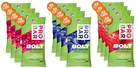 Probar Bolt Organic Energy Chews Bundle Strawberry,berry Blast and Raspberry - Four of Each Flavor, Box of 12