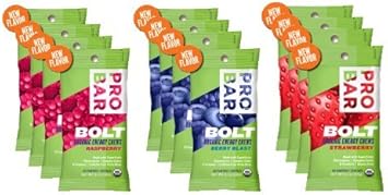 Probar Bolt Organic Energy Chews Bundle Strawberry,berry Blast and Raspberry - Four of Each Flavor, Box of 12