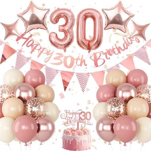 Jobkoo 30. Geburtstag Dekorationen für Frauen, Retro Pink Beige Zahl 30 Ballon Set Happy 30th Birthday Banner Cake Topper Dusty Pink Nude Rosegold Stern Ballons für Sie 30 Jahre alt Geburtstag Party