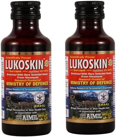 AIMIL Lukoskin Oral Liquid – 100ml | Ayurvedic Skin Health Restorative Drops | DRDO Researched Herbal Formula with Bakuchi for White Patches Support and Skin Melanin Health (Pack of 2)