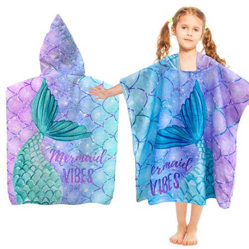 Poncho De Bain Avec Capuche, Motifs Mignons Serviette De Bain Ultra Doux, Peignoir De Bain, Cape De Bain Pour Filles Garçons 2-8 Ans (Sirènes)