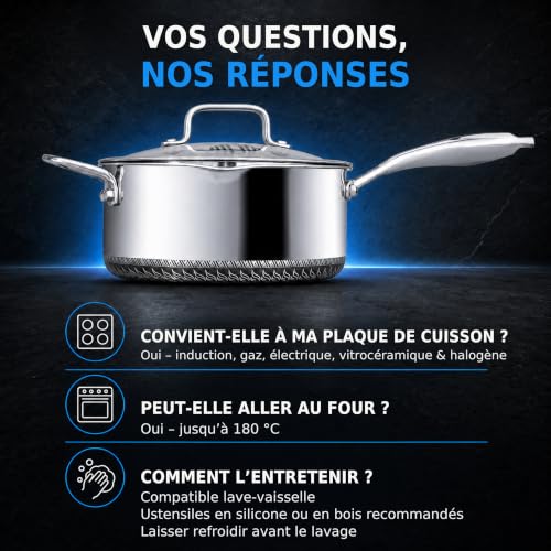 INTIGNIS Casserole en inox 3 plis avec couvercle en verre, 22 cm 3,5 L, revêtement antiadhésif alvéolé GREBLON, deux becs verseurs, tous feux dont induction – vue 6