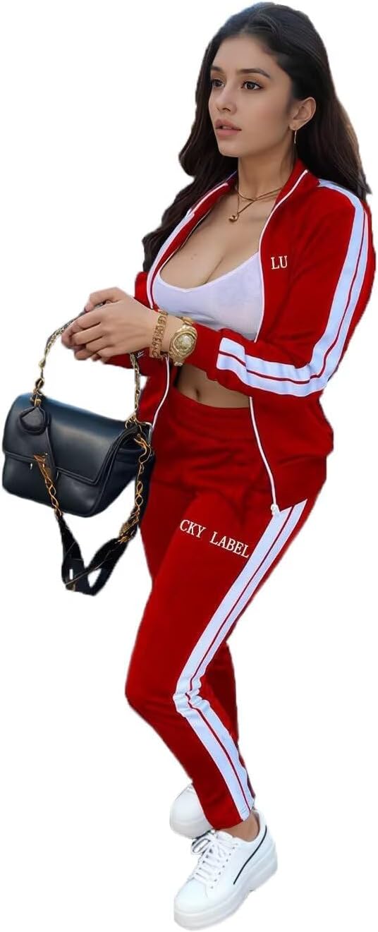 Women's 2 Piece Track Suits with Pockets,Full Zip Striped Sweatsuits Set,Jogging Sets Activewear with Jogger Pants S-XXL