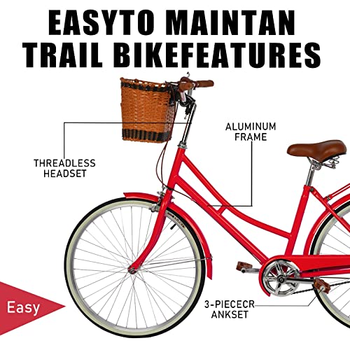 Womens Beach Cruiser Bike, 26 Inch Classic Retro Bicycle Road Bikes, Commuter Bicycle High-Carbon Steel Frame, Front Basket, Rear Racks For Leisure Picnics Shopping (Red) #TOP5