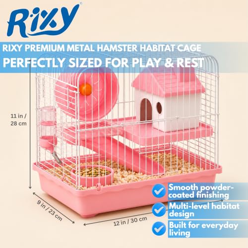 Image of Rixy Metal Hamster Cage (Colour May Vary) | Habitat Cage with Free Bath Sand (200 g) + Exercise Wheel (1) + House (1) + Slide (1) + Food Cup (1) + Water Bottle (1) for Hamsters, Gerbils & Small Pets