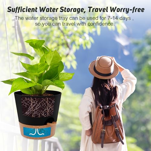 YNNICO 10-Inch Plant Pots, Self-Watering Planters with Drainage Holes & Saucers for Indoor and Outdoor Plants (2-Pack, Black)