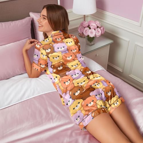 Image of HUNTFAMI Womens Soft Silky Satin Pajamas Set, 2 Pcs Sleep Short Pajamas for Mom and Grandma Button Down Summer Loungewear