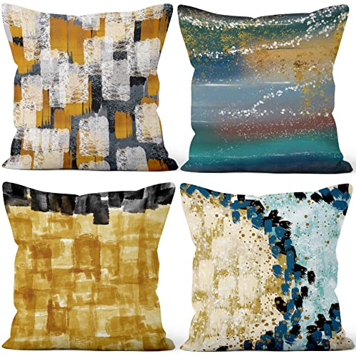 Aoihrraan 45x45cm Juego de 4 Fundas de Cojin Dorado Azul Aceite Cuadro Patrón Cuadrado Corto Felpa Suave Funda De Almohada Casa De Campo Dormitorio Exterior Jardín Canapé Balcón Silla Patio Sofá