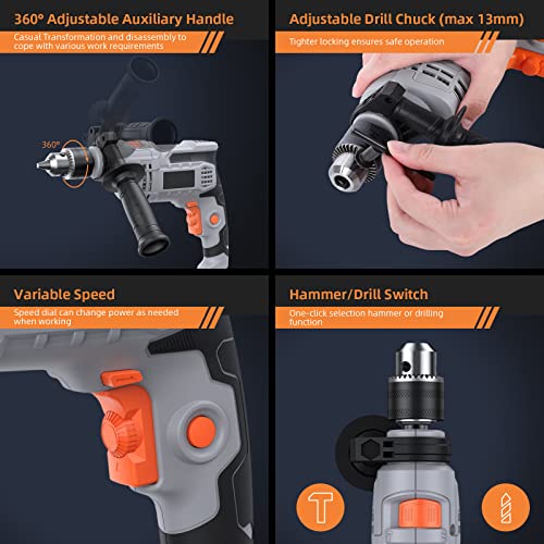 7-Amp Hammer Drill, Pioneerworks 1/2-Inch Electric Hammer Drill With 3000Rpm, Variable Speed, 10 Drill Bits For Home Improvement, Diy, Masonry, Wood #TOP3