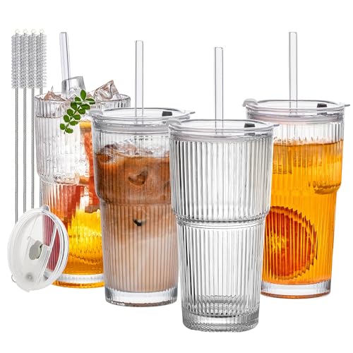 Vasos con tapa 50 4 Vasos de Vidrio Tapa y Popote,Vaso de Vidrio Acanalados 20oz, Vaso para Beber, Vasos para Beber para Tazas de Café Helado Jugo té con Leche