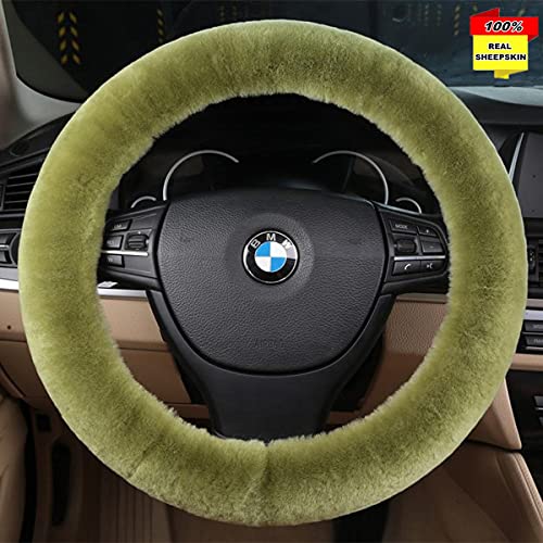 Sisha-A Wool Car Steering Wheel Cover 100% Australia Sheepskin Fur Steering Wheel Protector, Fluffy Warm Durable and High Elasticity Suit for Steering Wheel Size 14.5-16 inches (Pea Green)