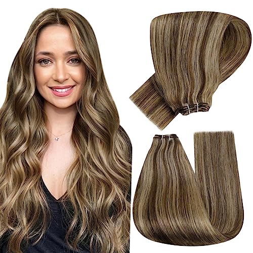 Hetto Sew in Hair Extensions #4 Chocolate Brown Highlight #27 Honey Blonde Weft Hair Extensions 12 Inch Real Human Hair Sew in Human Hair 70g