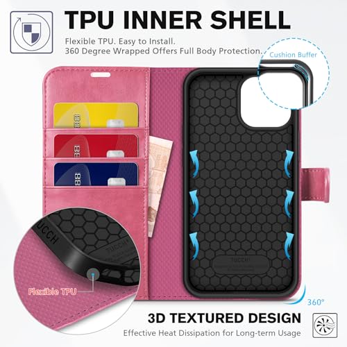 Image of TUCCH Case Wallet for iPhone 13 (6.1 inch) 2021, RFID Blocking Folio, Hot Pink | 3 Card Holders, Kickstand, PU Leather, Magnetic Closure, Shockproof TPU Shell, Protective Flip Cover