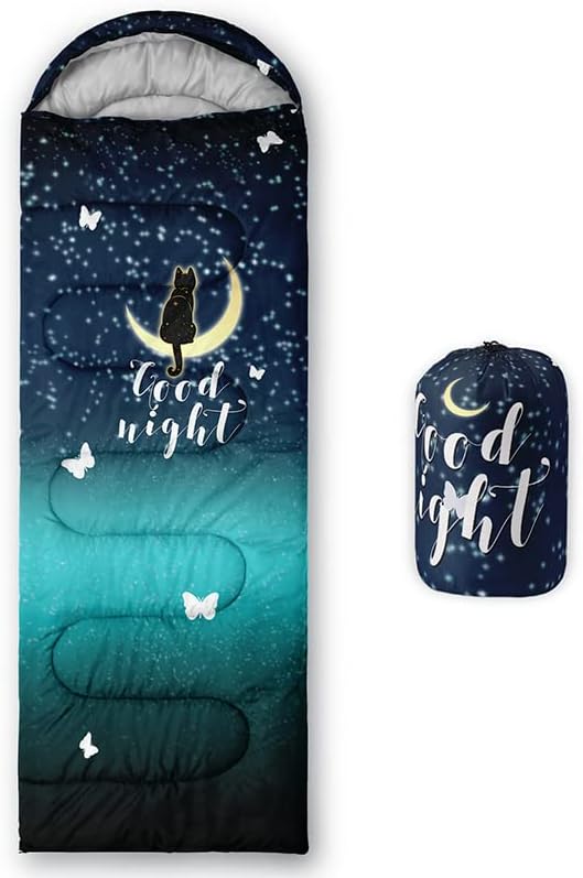 Vista 23 de Saco de dormir para adultos y niños, furgoneta de campamento de montaña verde, ligero, cálido, portátil, para interiores y exteriores, impermeable