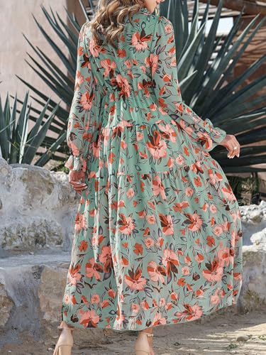 Image of BLENCOT Womens Casual Boho Floral Printed V Neck Long Sleeve Long Maxi Dress Spring Summer Dresses