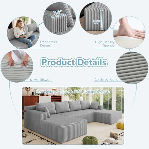 Image of 124 inch Boneless Cloud Couch Sectional Couches Sofa for Living Room