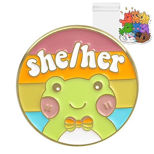 Image of LGBTQ Pronouns Cute Frog Pin - Gender Identity Bulk Pins for Pride Parade or Daily Wear - They /Them (Free 1pc Pride Sticker Included)