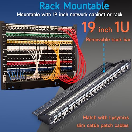 Lysymixs 24 Port RJ45 Patch Panel Cat7 STP Feed Through, Coupler Network Panel 19 Inch, Inline Keystone Ethernet Patch Panel with Back Bar