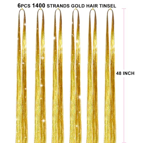 Nineibei Kit de tinsel de cabelo com ferramentas, 6 peças, 1400 fios, dourado, glitter, tinsel de ca
