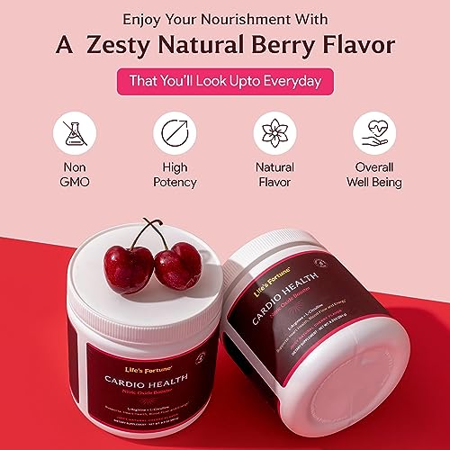 Life's Fortune Cardio Health-Blood Pressure Supplements, Natural Cherry Flavor, Nitric Oxide Booster, L-Arginine, L-Citrulline, Complete Cardiovascular Support, Vegan, Non-Gmo #TOP6