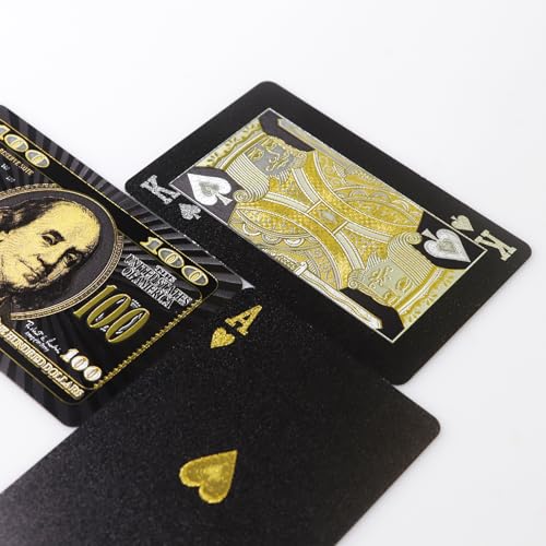 Schwarze Spielkarten mit Goldfolie - Wasserdichtes Dollar Muster Deck, Perfekt für Zaubertricks & Partys (Schwarz) – Bild 5