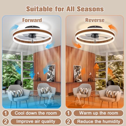 Image of VOLISUN Low Profile Ceiling Fans with Lights and Remote, 19.7in Farmhouse Ceiling Fans with Light Flush Mount, 3000K-6500K Dimmable Fandelier LED Fan Light, Bladeless Ceiling Fans for Bedroom
