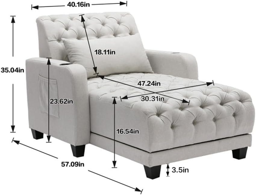 Living Room Leisure Sofa with Side Storage Pockets and Wooden Legs, Suitable for Rooms and Balconies