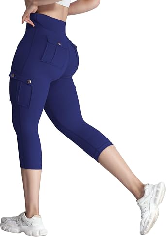 Womens High Waist Cargo Leggings Tummy Control Scrunch Butt Lifting Workout Yoga Running Pants with Pockets