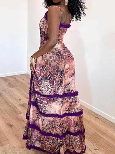 Image of Women's Purple Sleeveless Mesh Dress Sexy Deep V Dress High Slit Maxi Mesh Club Party Dresses