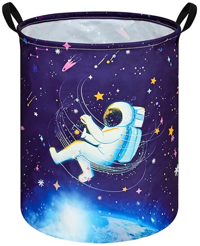 Image of Collapsible Kids Laundry Basket Clothes Hamper, Foldable Storage Organizer Bin, Toy Clothes Storage with Handles for Boys Girls Bedroom, Room Decor Astronaut