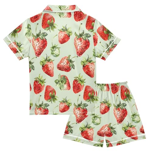 ALAZA Watercolor Strawberry Fruit Green Satin Pajamas Set Short Sleeve Button Down Sleepwear Summer Pjs 2 Piece2