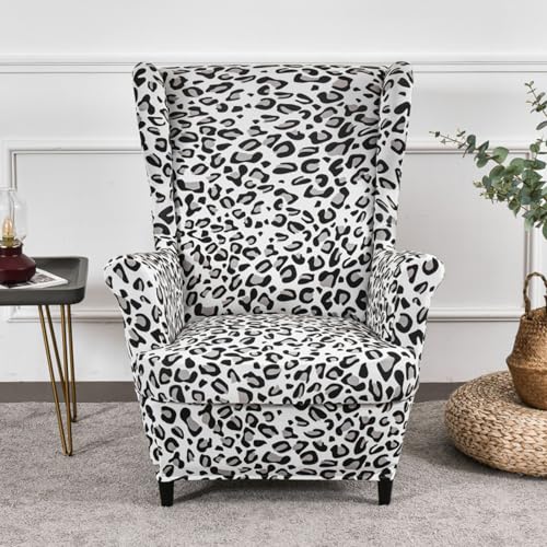 Hixingo Stretch Wingback Chair Covers, 3D Print Armchair Covers 2 Pieces Set Washable Wing Chair Slipcover for Living Room Bedroom Hotel Furniture Protector (Leopard Print,One size)